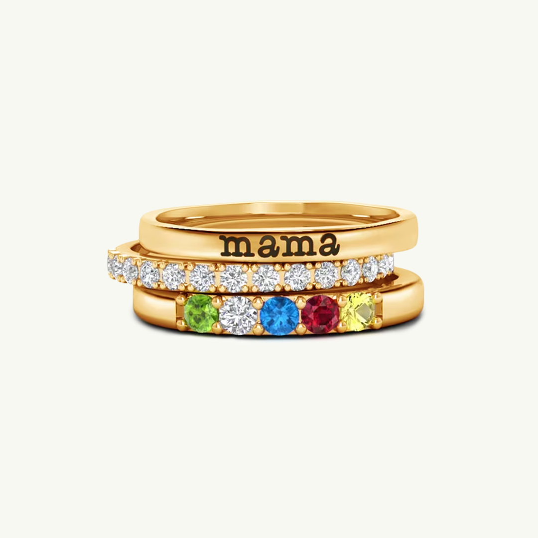 Personalized stackable rings with name and birthstones
