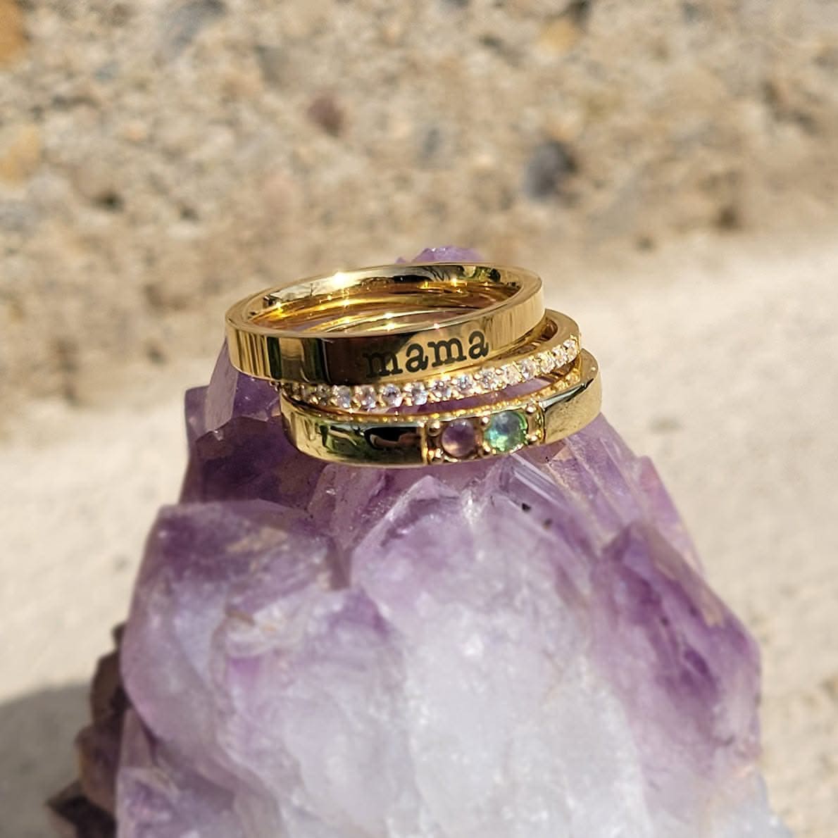 Personalized stackable rings with name and birthstones