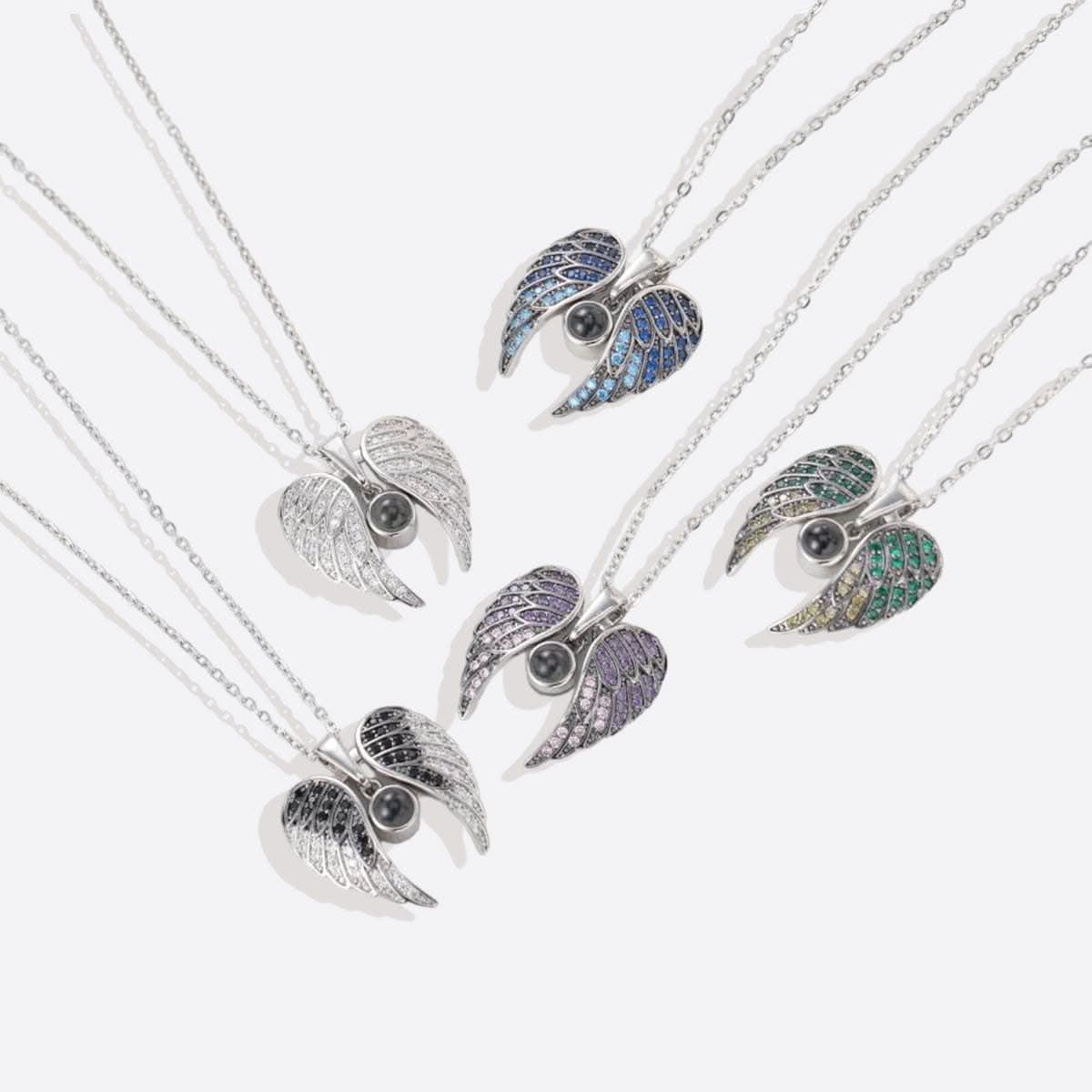 Memorial photo necklace with sparkling angel wings